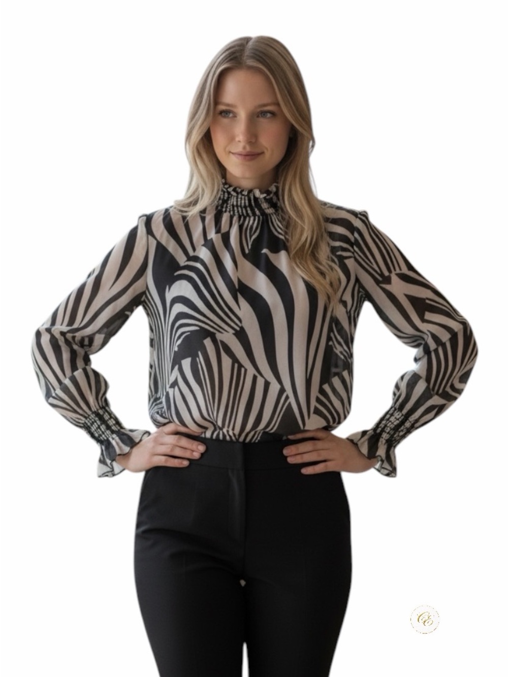 MISA Los Angeles Printed Ruffle Blouse | Black & White | Sheer Feminine Top NWT